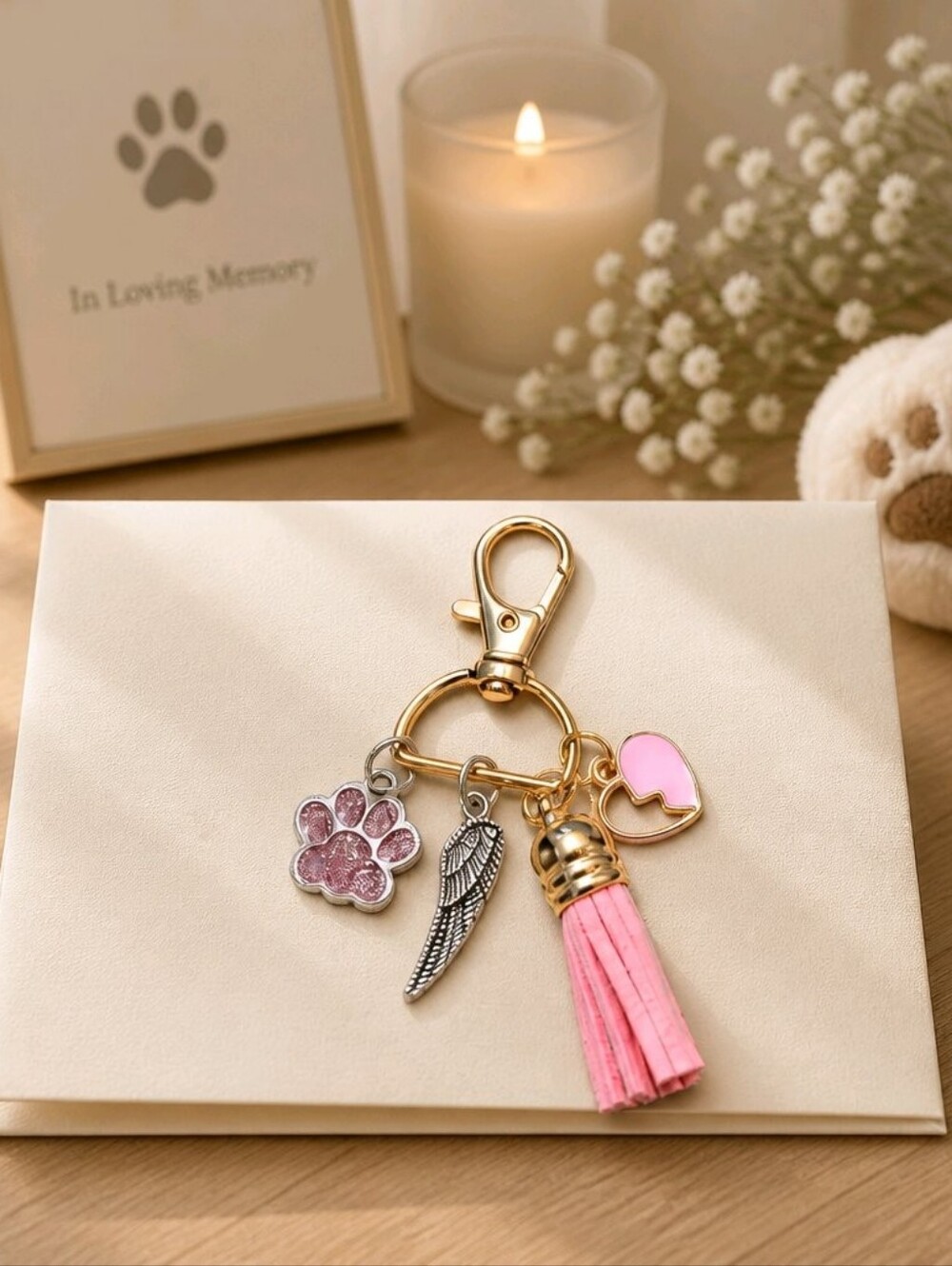 Sympathy Wing Pink Heart Glitter Pet Paw Zipper Charms Handcrafted Clip Keychain